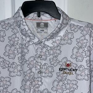 Floral Flower Power Print White Gray Kentucky Derby Horse Race Polo Golf Shirt L